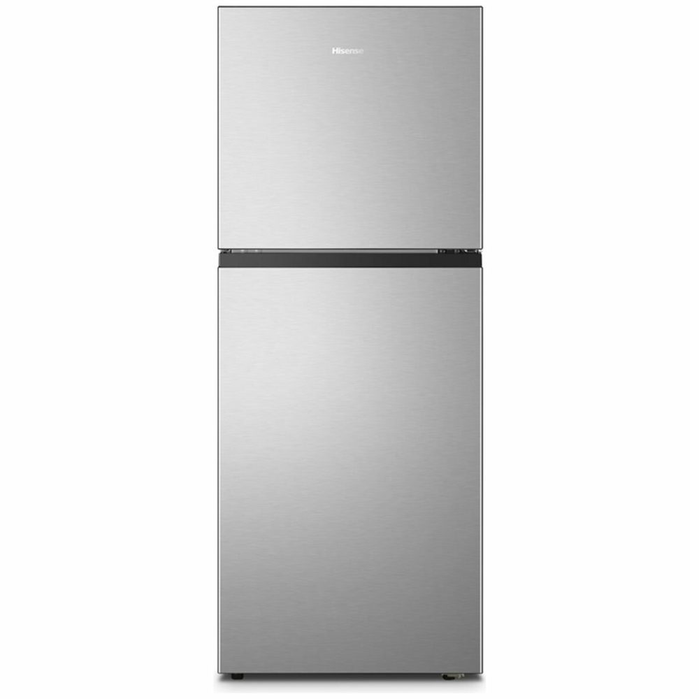 Hisense 205L top mount fridge silver front view with freezer on top
