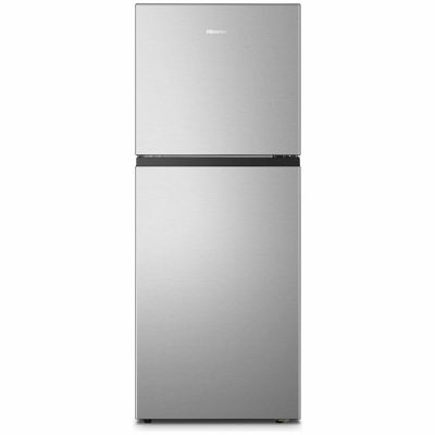 Hisense 205L top mount fridge silver front view with freezer on top